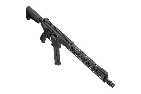 SIG Sauer MPX 9mm PCC with Timney Trigger has 16-inch barrel.